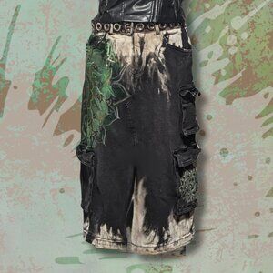 Hand Painted and Discharge Dyed Denim Midi Cargo Skirt sz M